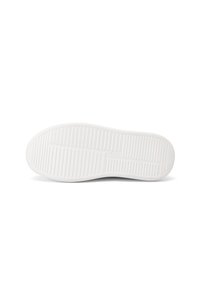 Suola di sneaker bianca con battistrada testurizzata e scanalature orizzontali. Presenta una forma arrotondata e un'impronta del logo vicino al centro.