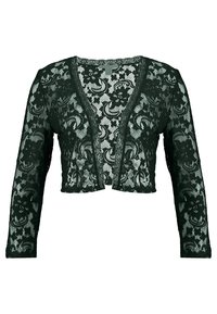 Černý krajkový krátký kardigan s dlouhými rukávy a květinovým vzorem, otevřený přední díl, vyrobený z průsvitné látky.