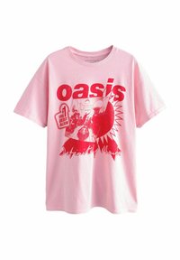 Roosa puuvillane T-särk lühikeste varrukatega, millel on punane graafika toast ja sõna "oasis", koos tekstiga "Definitely Maybe".