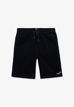Shorts noirs en velours côtelé arrivant aux genoux, avec taille élastique, cordon de serrage, poches latérales et logo blanc près de l'ourlet gauche.