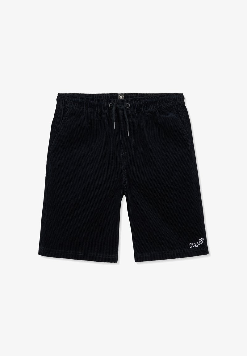 Shorts noirs en velours côtelé arrivant aux genoux, avec taille élastique, cordon de serrage, poches latérales et logo blanc près de l'ourlet gauche.