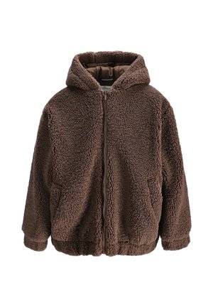 Brązowa kurtka z kapturem na zamek, wykonana z grubego, miękkiego, puszystego materiału typu fleece, z długimi rękawami i kieszeniami bocznymi.
