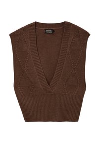 Haut sans manches en tricot marron avec un décolleté en V profond. Présente des motifs losanges texturés et des bordures côtelées le long des bords.