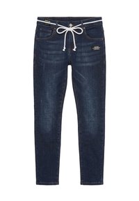 Jean slim bleu foncé avec cordon blanc à la taille, poches avant et petit patch noir sur la cuisse droite.