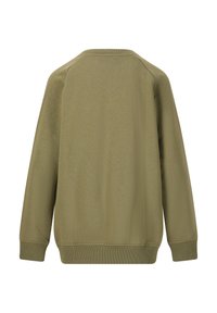 Olivgrön sweatshirt, tillverkad av mjukt tyg, har en ribbad rundhals och muddar, med en klassisk, avslappnad passform och inga synliga logotyper.