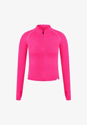 Giacca aderente rosa a maniche lunghe con chiusura a zip, colletto a coste e aperture per il pollice sulle maniche. Texture liscia con dettagli di cucitura a contrasto.