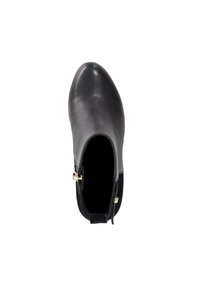 Black leather ankle boot with a pointed toe, smooth texture, and a decorative gold zipper accent on the side. Footbed is black.
