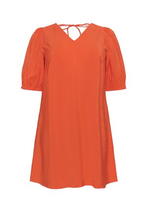 Oranžna obleka z V-izrezom, napihnjenimi rokavi in detajlom z vezavo na hrbtni strani. Narejena iz lahkotnega materiala z gladko teksturo.