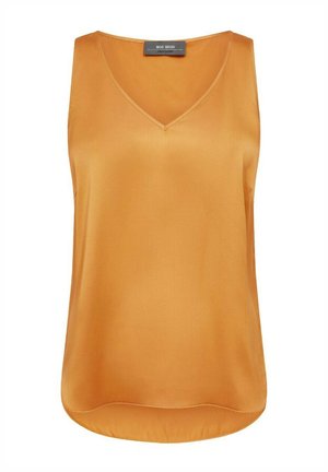 Gul-orange satin ærmeløs top med V-hals og let buet søm, der har en glat tekstur uden synlige metaldele eller udsmykninger.