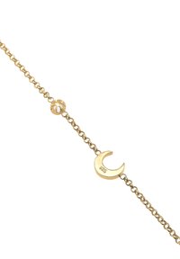 Guldpläterat armband med en halvmåneberlock och en dekorativ pärla, tillverkat av metall med en polerad yta.