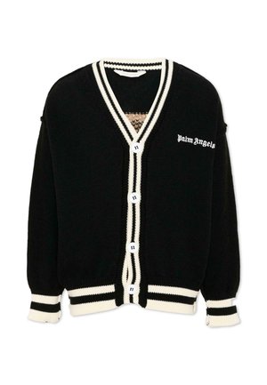 Schwarzer gestrickter Cardigan mit weißen gestreiften Kanten, vier weißen Knöpfen und "Palm Angels" Text auf der linken Brust.