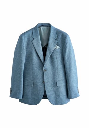 Himmelblaues Blazer aus strukturiertem Stoff, mit Reverskragen, zwei vorderen Taschen und einem weißen Taschentuch. Zweiknopfverschluss.