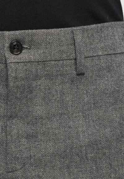 Graue Wollmischungshosen mit einer glatten Textur, ausgestattet mit einem einzigen Knopfverschluss und einem gesteppelten Taillenbund.