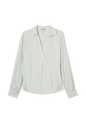 Blusa de manga larga a rayas verde claro y blanca con cuello, tapeta y detalles fruncidos en los hombros y los puños de las mangas.