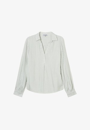 Blusa de manga larga a rayas verde claro y blanca con cuello, tapeta y detalles fruncidos en los hombros y los puños de las mangas.