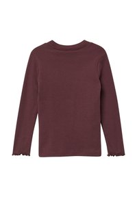 Langärmliges Oberteil in dunklem Burgundy mit rundem Ausschnitt und gerafften Manschetten, aus weichem Baumwollmaterial gefertigt und mit glatter Textur.