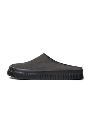 Grey suede slip-on shoes with a rounded toe, textured surface, and black rubber sole featuring a ridged pattern.