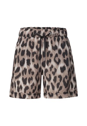 Leopardprint shorts med elastisk linning og sorte snørebånd foran i midten.