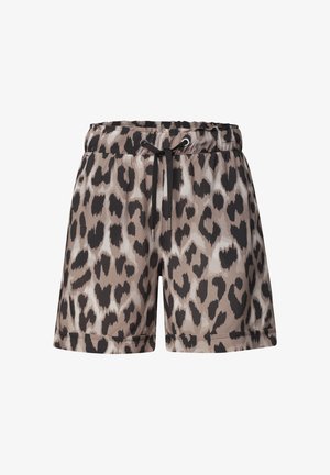 Leopardprint shorts med elastisk linning og sorte snørebånd foran i midten.