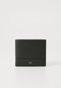 Black leather wallet with a textured surface, featuring a silver logo on the bottom front and smooth accents. Compact rectangular shape.