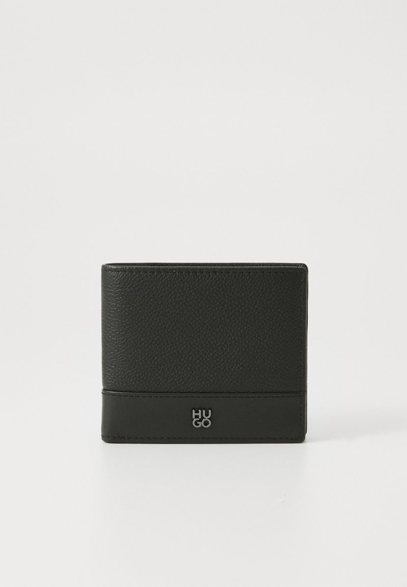 Black leather wallet with a textured surface, featuring a silver logo on the bottom front and smooth accents. Compact rectangular shape.