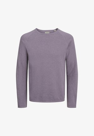 Langärmliger lila Pullover mit strukturiertem Strick, Rundhalsausschnitt und Raglanärmeln. Enthält ein kleines Etikett am Saum.