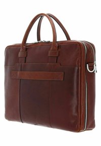 Braune Lederaktentasche mit zwei Griffen, einer Fronttasche und einem silbernen Reißverschluss. Glatte Textur und elegantes rechteckiges Design.