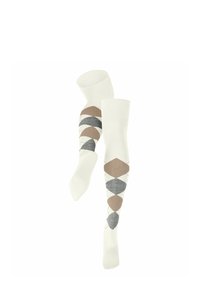 Kniehohe Socken in Weiß mit einem strukturierten Muster aus Rautformen in Beige und Grau, ausgestattet mit einem gerippten Bund und einem glatten Fußbereich.