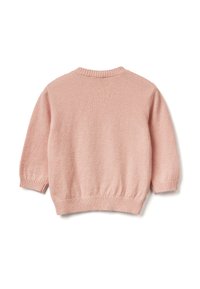 Roze gebreide trui met een geribde ronde halslijn en geribde manchetten. De achterkant is glad met een losse pasvorm en een zachte textuur.