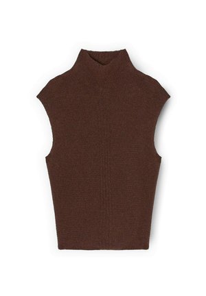 Top marrone senza maniche con collo alto realizzato in tessuto a maglia strutturato, caratterizzato da un colletto alto e una silhouette aderente. Design semplice e moderno.