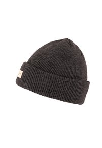 Gebreide beanie in donkergrijs, met een geribbelde textuur en een omgeslagen boord. Een klein label accentueert één zijde.