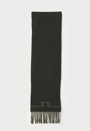 Donkergrijze sjaal van zacht materiaal, met groene accenten en franjes aan de randen. Eenvoudig, langwerpig ontwerp voor veelzijdige styling.