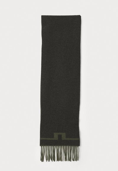 Sciarpa grigia scura realizzata in materiale morbido, con dettagli verdi e bordi frangiati. Design semplice ed allungato per uno stile versatile.