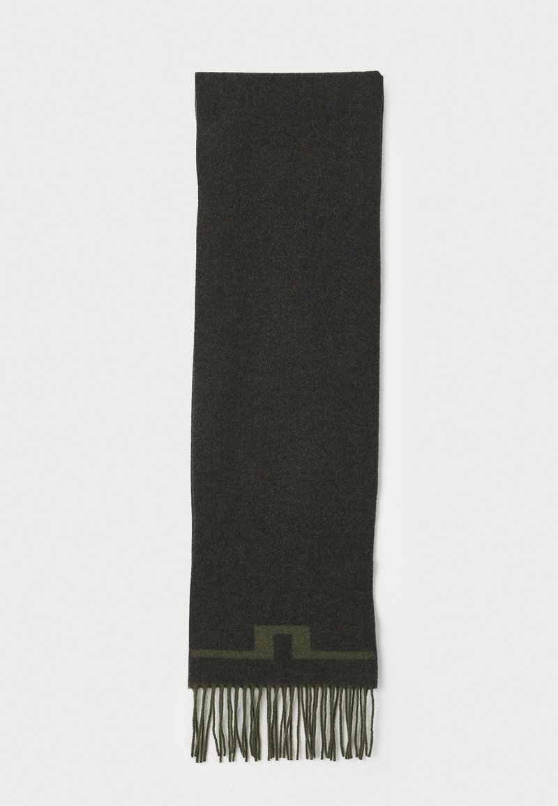 Écharpe gris foncé en matériau doux, avec des accents verts et des bords frangés. Design simple et allongé pour un style polyvalent.