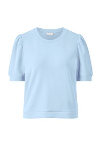 Haut bleu clair à manches courtes avec des manches bouffantes et un col rond. Fabriqué en tissu lisse avec un ourlet droit et une coupe décontractée.