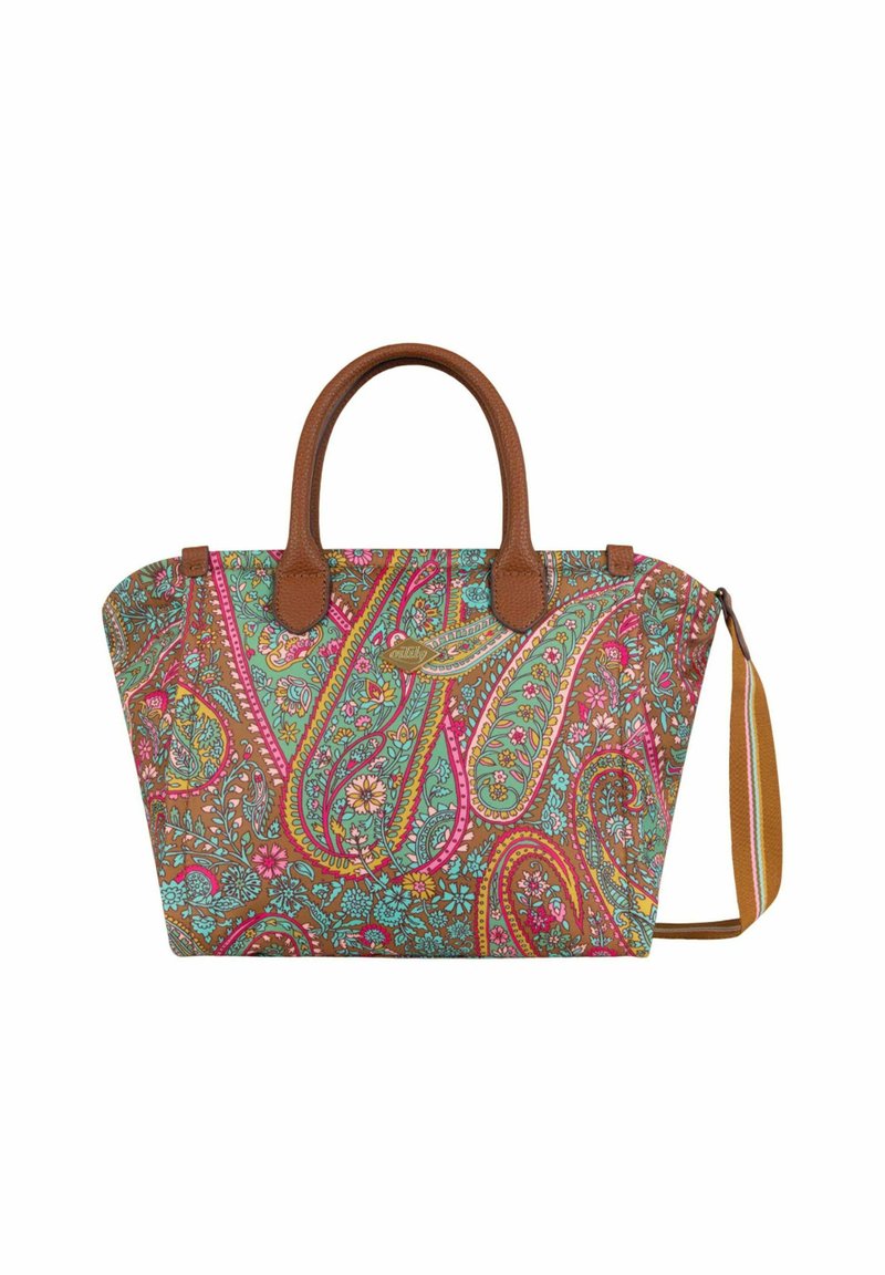 Borsa a spalla multicolore con motivo paisley nei colori rosa, verde e blu, con manici in pelle marrone e tracolla removibile.