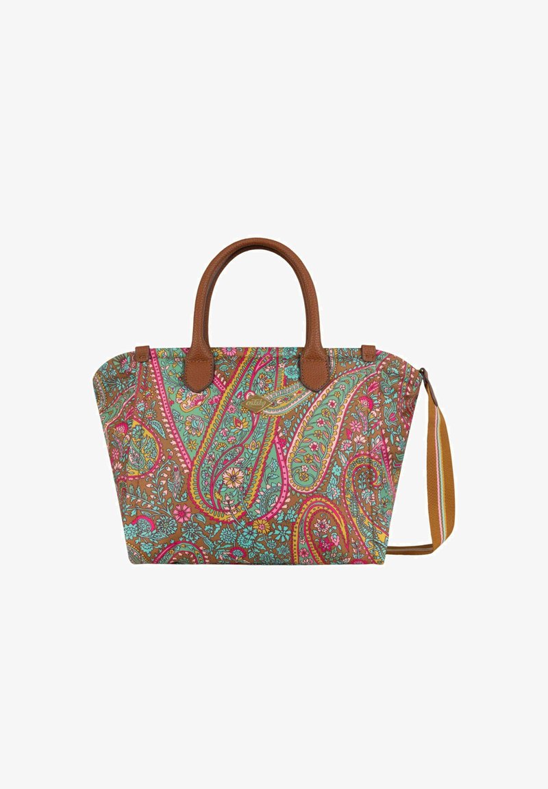 Sac fourre-tout multicolore avec un motif cachemire en rose, vert et bleu, équipé de poignées en cuir marron et d'une bandoulière amovible.
