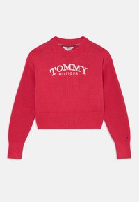 Červený zkrácený svetr s ribkovanou strukturou a kulatým výstřihem. Na přední straně se nachází bílé logo "TOMMY HILFIGER". Má dlouhé rukávy s ribkovanými manžetami.