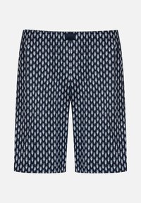 Marineblauwe korte broek gemaakt van stof met een herhaald lichtblauw patroon, met een relaxte pasvorm en een elastische tailleband voor comfort.