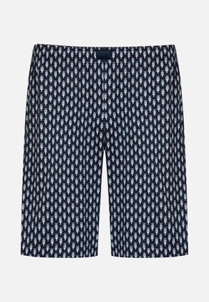 Marineblauwe korte broek gemaakt van stof met een herhaald lichtblauw patroon, met een relaxte pasvorm en een elastische tailleband voor comfort.