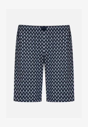 Marineblaue Shorts aus Stoff mit einem wiederholten hellblauen Muster, in lockerer Passform und mit elastischem Bund für Komfort.