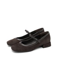 Pair of dark brown suede Mary Jane shoes with low block heels and adjustable buckle straps on a white background.