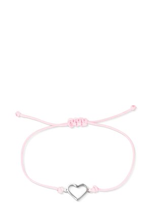 Pink cord bracelet with a central silver heart-shaped pendant, featuring adjustable knots on either side. Simple design and soft texture.