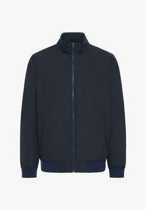 Jachetă bleumarin cu fermoar, guler drept, două buzunare laterale, manșete și tiv striate.