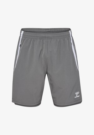 Pantaloni sportivi grigi realizzati in tessuto leggero. Presentano strisce laterali bianche e una cintura elastica con un logo nell'angolo in basso a destra.