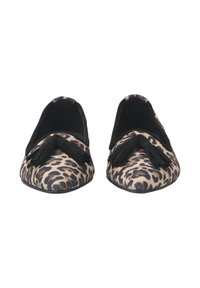 Leopard print flats with a pointed toe and black suede tassel accents. Soft fabric upper and flat rubber sole.