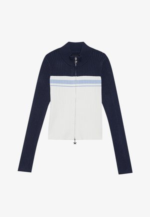 Ribbed zip-up sweater in navy and white with light blue stripes. Features a high collar and star-shaped zipper pull.