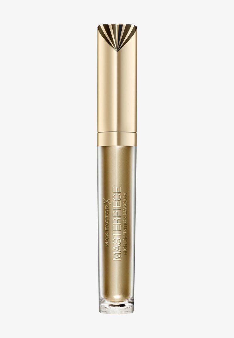 Gull- og klar sylinderformet maskara tube med et dekorativt gullhylse, merket "Max Factor X Masterpiece High Definition Mascara."