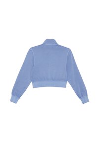 Hellblaues, kurz geschnittenes Sweatshirt mit Kragen, gerippten Bündchen und Saum. Glatte Textur ohne sichtbare Muster oder Akzente.