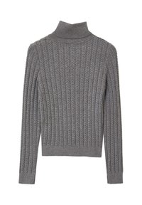 Grau gestreifter Rollkragenpullover mit langen Ärmeln und einem strukturierten, gewebten Muster, das eine taillierte Silhouette und ein hochgeschlossenes Design aufweist.